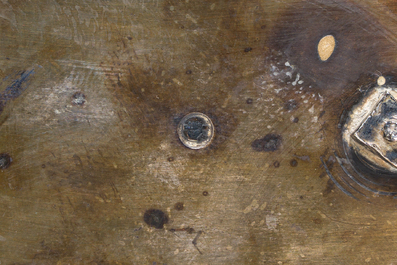 Een Antwerps zilveren Empire olie-en azijnstel met geslepen kristallen karaffen, 833/000, gedateerd 1814-1831