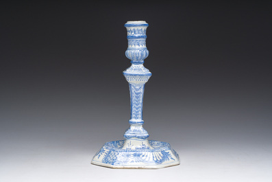 A blue and white Delft style candlestick, France or Germany, 18th C.
