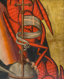 Spanish school, circle of Pedro Garc&iacute;a de Benavarre (15th C.): God the Father and the Holy Spirit surrounded by angels, oil on panel, ca. 1500