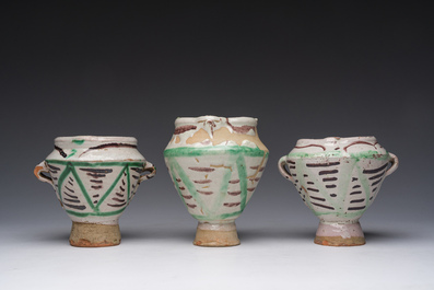 Three polychrome Spanish pottery mortars, Teruel, 17th/18th C.