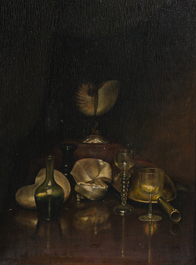 Edouard Van Speybrouck (1845-1928): Quatre natures mortes avec verres et vaisselle, huile sur panneau, dat&eacute; 1913-1917