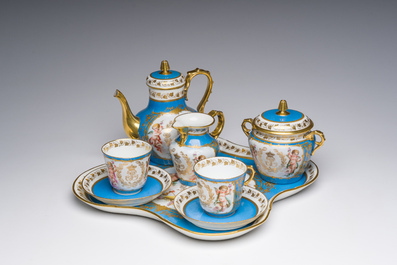 A French blue ground S&egrave;vres style t&ecirc;te-&agrave;-t&ecirc;te two-persons tea service, 19th C.