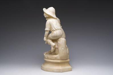 Italian school, attributed to Adolfo Cipriani (1857-1941): Two children warming themselves by the fire, alabaster, 20th C.