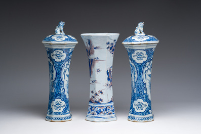A pair of blue and white Dutch Delft covered vases and a blue, manganese and white chinoiserie vase, Nevers, 18th C.