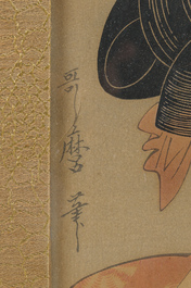 Kitagawa Utamaro (1753 - 1806, after): Two ukiyo-e woodblock prints in lacquered and gilt wooden frames