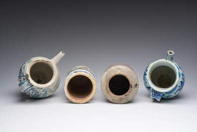 Four blue, white and polychrome Italian maiolica drug jars, 17th C. and later