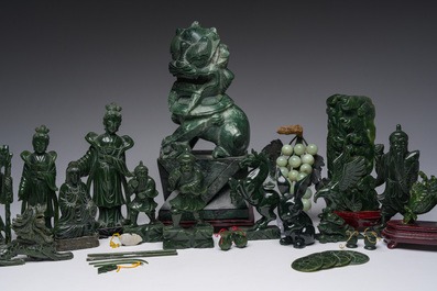 Sixteen Chinese green jade and hardstone sculptures, 20th C.