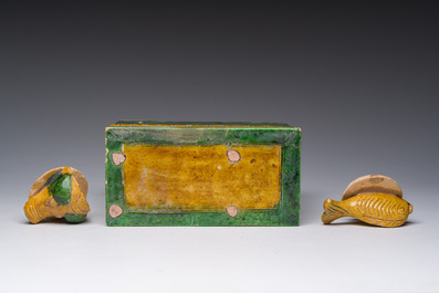 A Chinese sancai glazed miniature offering table with a fish and a pig's head, probably Ming