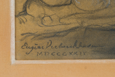 Eug&egrave;ne Verboeckhoven (1798-1881): Etude acad&eacute;mique ('Homme nu agenouill&eacute;'), techniques mixtes sur papier, dat&eacute; 1824