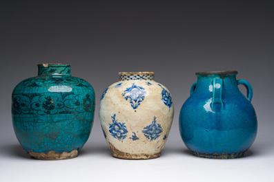 Three blue, white and turquoise Persian Qajar jars, 19th C.