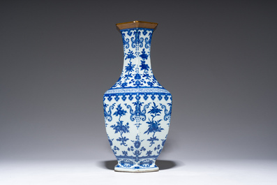 A Chinese blue and white hexagonal 'sanduo' vase, Qianlong mark and of the period