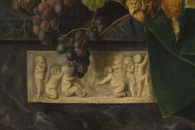 Ad&egrave;le Evrard (1792-1889): Nature morte de chausse aux raisins et volaille, huile sur panneau, dat&eacute; 1820