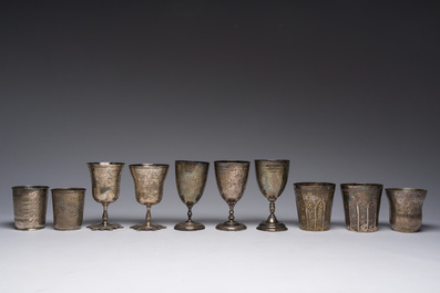 Ten Ottoman floral engraved silver cups with tughra and sah marks, mainly 19th C. (pre-1923)