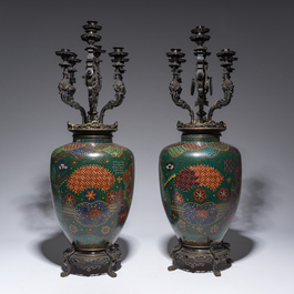 A pair of Japanese cloisonn&eacute; vases with French partly gilt bronze chinoiserie candelabra mounts, 19th C.