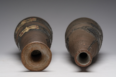 Two partly polychrome glazed terracotta tapered vases, Perignem, second half of the 20th C.