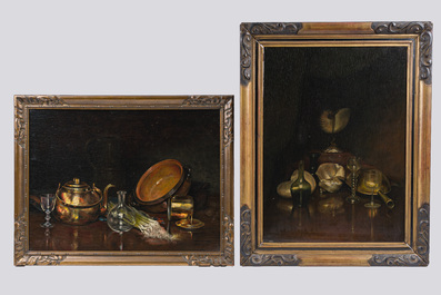 Edouard Van Speybrouck (1845-1928): Quatre natures mortes avec verres et vaisselle, huile sur panneau, dat&eacute; 1913-1917