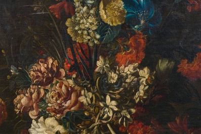 Jan Baptist Bosschaert (1667-1746, attribu&eacute; &agrave;): Fleurs dans un vase sur un socle, huile sur toile, 18&egrave;me si&egrave;cle