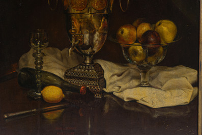 Edouard Van Speybrouck (1845-1928): Quatre natures mortes avec verres et vaisselle, huile sur panneau, dat&eacute; 1913-1917