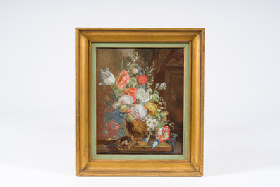 European school: Flower still life with a bird's nest, reverse glass painting, mid 19th C.