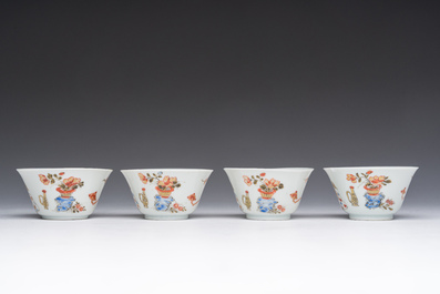 Four Chinese cups and saucer with polychrome and gilt design, Qianlong
