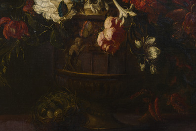 Jan Baptist Bosschaert (1667-1746, attribu&eacute; &agrave;): Fleurs dans un vase sur un socle, huile sur toile, 18&egrave;me si&egrave;cle