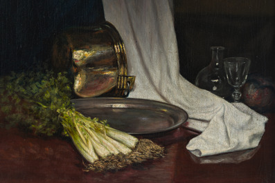 Edouard Van Speybrouck (1845-1928): Quatre natures mortes avec verres et vaisselle, huile sur panneau, dat&eacute; 1913-1917