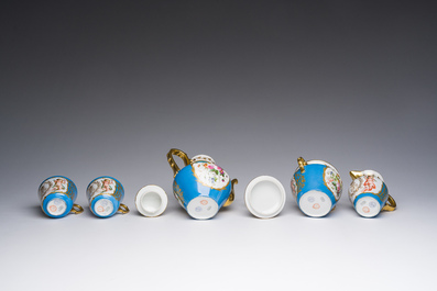A French blue ground S&egrave;vres style t&ecirc;te-&agrave;-t&ecirc;te two-persons tea service, 19th C.