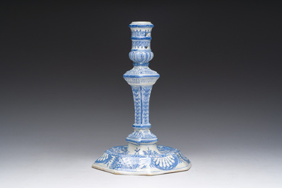 A blue and white Delft style candlestick, France or Germany, 18th C.