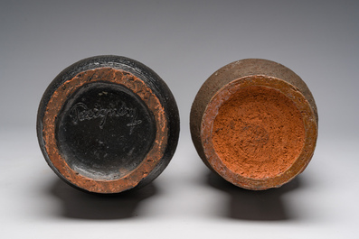 Two partly polychrome glazed terracotta tapered vases, Perignem, second half of the 20th C.