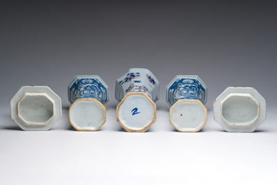 A pair of blue and white Dutch Delft covered vases and a blue, manganese and white chinoiserie vase, Nevers, 18th C.