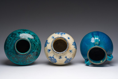 Three blue, white and turquoise Persian Qajar jars, 19th C.