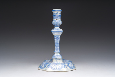 A blue and white Delft style candlestick, France or Germany, 18th C.