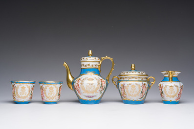 A French blue ground S&egrave;vres style t&ecirc;te-&agrave;-t&ecirc;te two-persons tea service, 19th C.