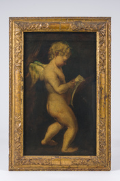 Flemish school, follower of Antonio Allegri da Correggio (1489-1534): Reading Amor, oil on board, 17th C.