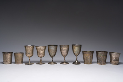 Ten Ottoman floral engraved silver cups with tughra and sah marks, mainly 19th C. (pre-1923)