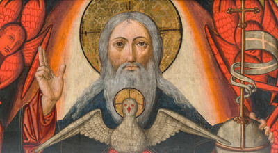 Spanish school, circle of Pedro Garc&iacute;a de Benavarre (15th C.): God the Father and the Holy Spirit surrounded by angels, oil on panel, ca. 1500