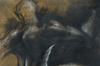 Eug&egrave;ne Verboeckhoven (1798-1881): Etude acad&eacute;mique ('Homme nu agenouill&eacute;'), techniques mixtes sur papier, dat&eacute; 1824