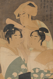 Kitagawa Utamaro (1753 - 1806, after): Two ukiyo-e woodblock prints in lacquered and gilt wooden frames