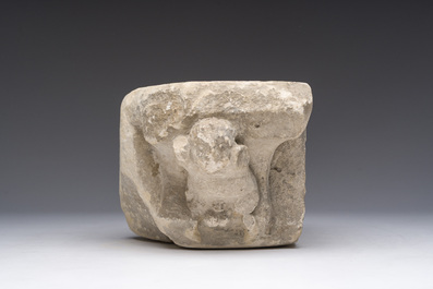 A Flemish medieval carved Balegem stone corbel, 14th/15th C.