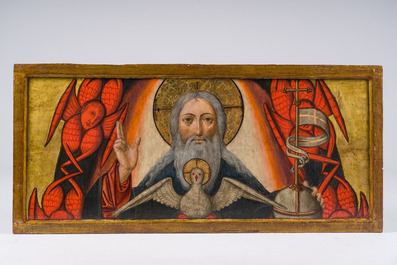 Spanish school, circle of Pedro Garc&iacute;a de Benavarre (15th C.): God the Father and the Holy Spirit surrounded by angels, oil on panel, ca. 1500