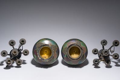 A pair of Japanese cloisonn&eacute; vases with French partly gilt bronze chinoiserie candelabra mounts, 19th C.