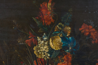 Jan Baptist Bosschaert (1667-1746, attribu&eacute; &agrave;): Fleurs dans un vase sur un socle, huile sur toile, 18&egrave;me si&egrave;cle