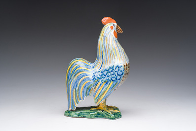 A polychrome Delftware model of a rooster, probably Desvres, France, 19th C.