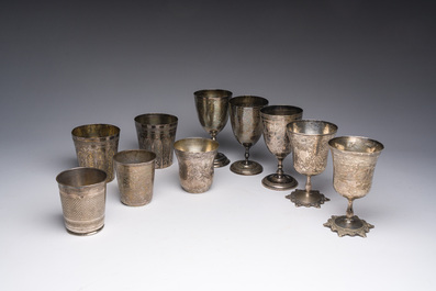 Ten Ottoman floral engraved silver cups with tughra and sah marks, mainly 19th C. (pre-1923)