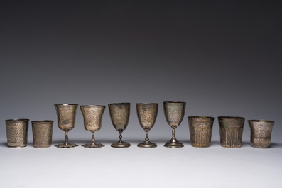 Ten Ottoman floral engraved silver cups with tughra and sah marks, mainly 19th C. (pre-1923)