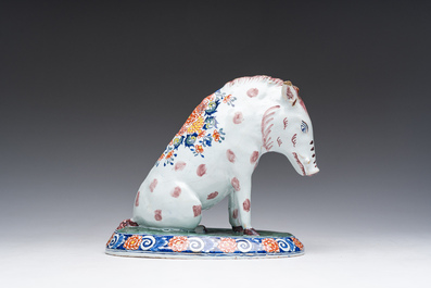 A polychrome Delftware model of a boar, probably Desvres, France, 19th C.