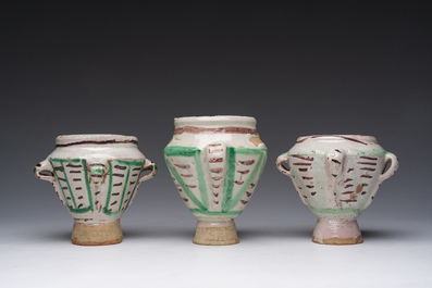 Three polychrome Spanish pottery mortars, Teruel, 17th/18th C.