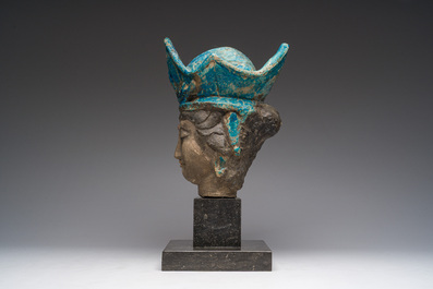 A large Chinese partly turquoise-glazed pottery head of Guanyin in Ming style, probably 19th C.
