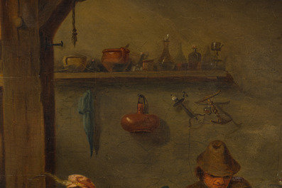 Flemish school, follower of David Teniers (1610-1690): Fun in the inn, oil on panel, 19th C.