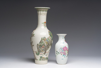 A Chinese rose-verte vase with Buddhist lions and applied floral design and a famille rose vase, 19th C.